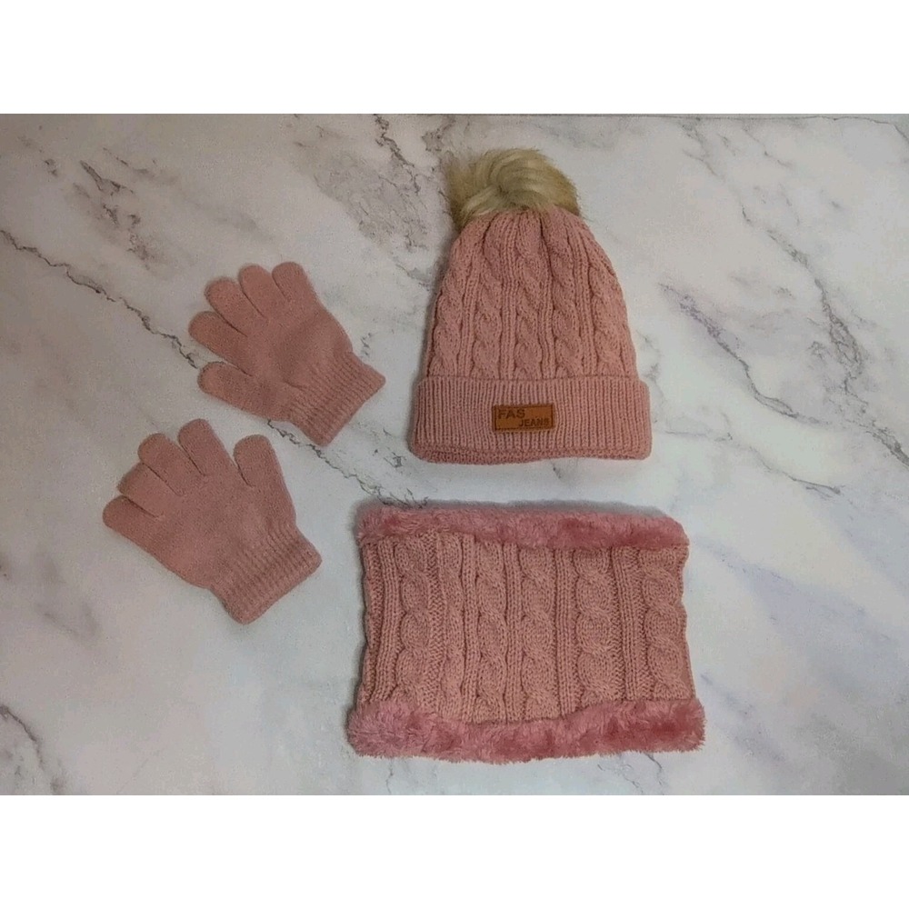 Kids Set of  Beanie with Winter Knitted‎ Cotton Hairball, Scarf & Gloves